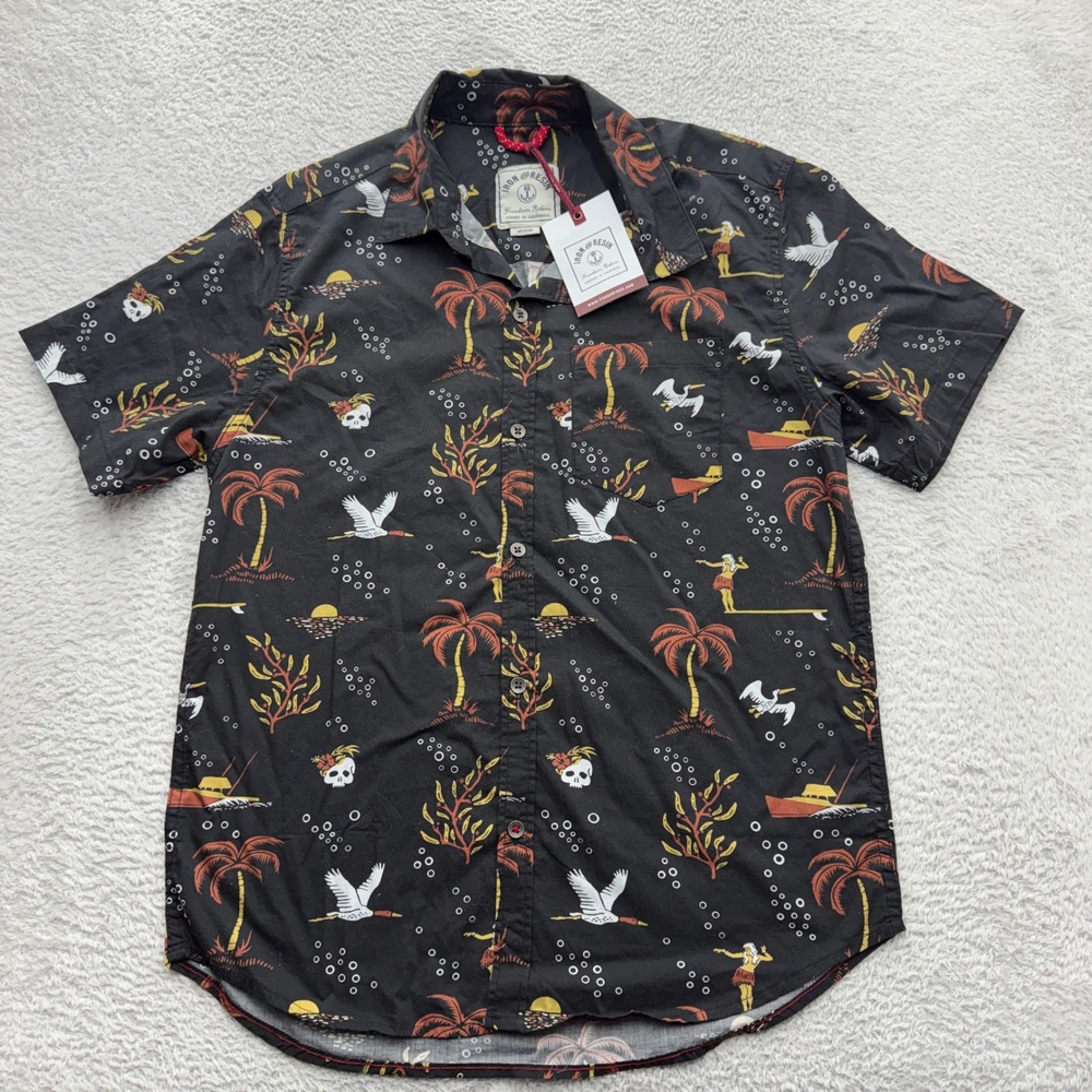 Iron and Resin Mens Tropic Shirt Black Graphic Button Down 102262 Medium NWT